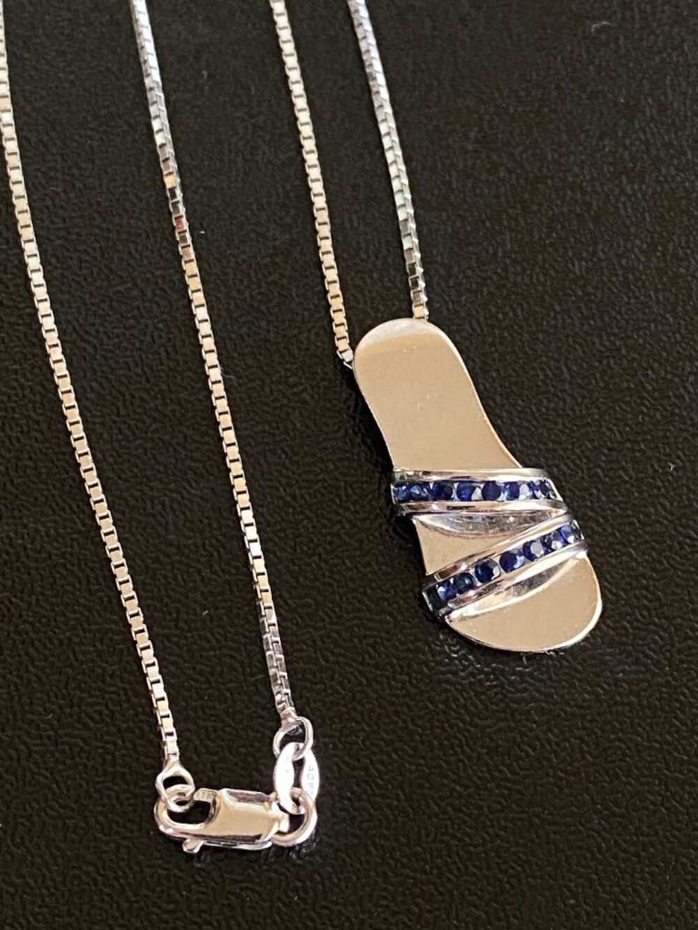 14K White Gold Blue Sapphire Necklace with Sandal Slide Pendant
